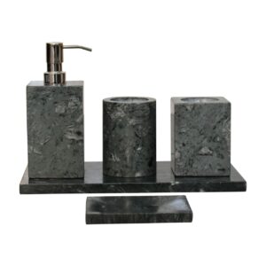 Mango Wood Black Marble 5 Piece Bathroom Set