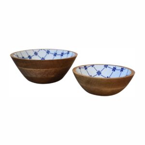 Mango Wood Blue and White Bowl Set of 2