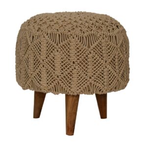 Solid Mango Wood Oak Finished Round Beige Crochet Covered Stool