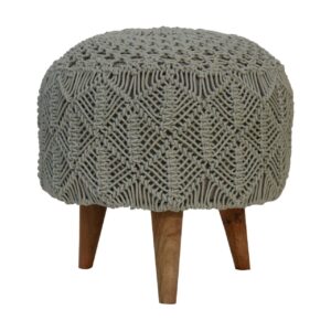 Solid Mango Wood Oak Finished Round Sea Green Crochet Covered Stool