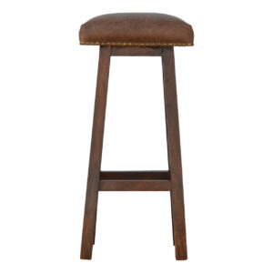 Solid Mango Wood Oak Finished Buffalo Leather Upholstered Stool with Studs