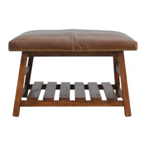 Solid Mango Wood Buffalo Hide Square Foot Stool