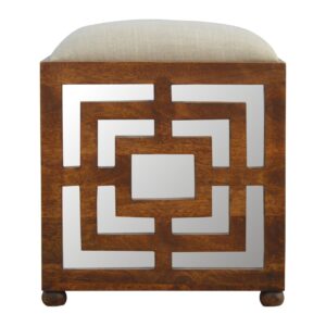 Solid Mango Wood Carved Linen Seat Footstool