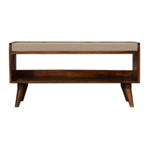 Solid Chestnut Finished Mango Wood Scandinavian Style Mud Linen Cushioned Bench