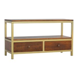 Solid Mango Wood Media Unit With Gold Base