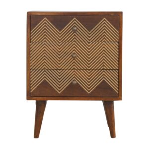 Solid Mango Wood 3 Drawer Brass Chevron Bedside