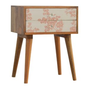 Solid Mango Wood Pink Floral Screen Printed 2 Drawer Bedside Cabinet
