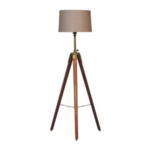 Solid Mango Wood Fixed Brass Plated Tripod Floor Lamp
