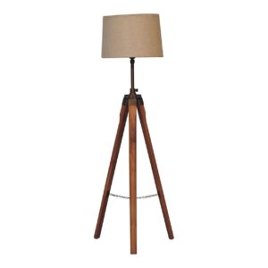 Solid Mango Wood  Fixed Brass Tripod Floor Lamp