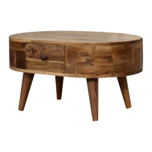 Solid Mango Wood Oak Finished Rounded Coffee Table with Drawers