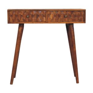 Solid Mango Wood Chestnut Finished Pineapple Carved 2 Drawer Console Table