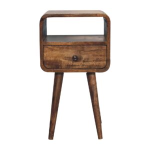 Solid Mango Wood Grey Oak Finished 1 Drawer Curved Bedside