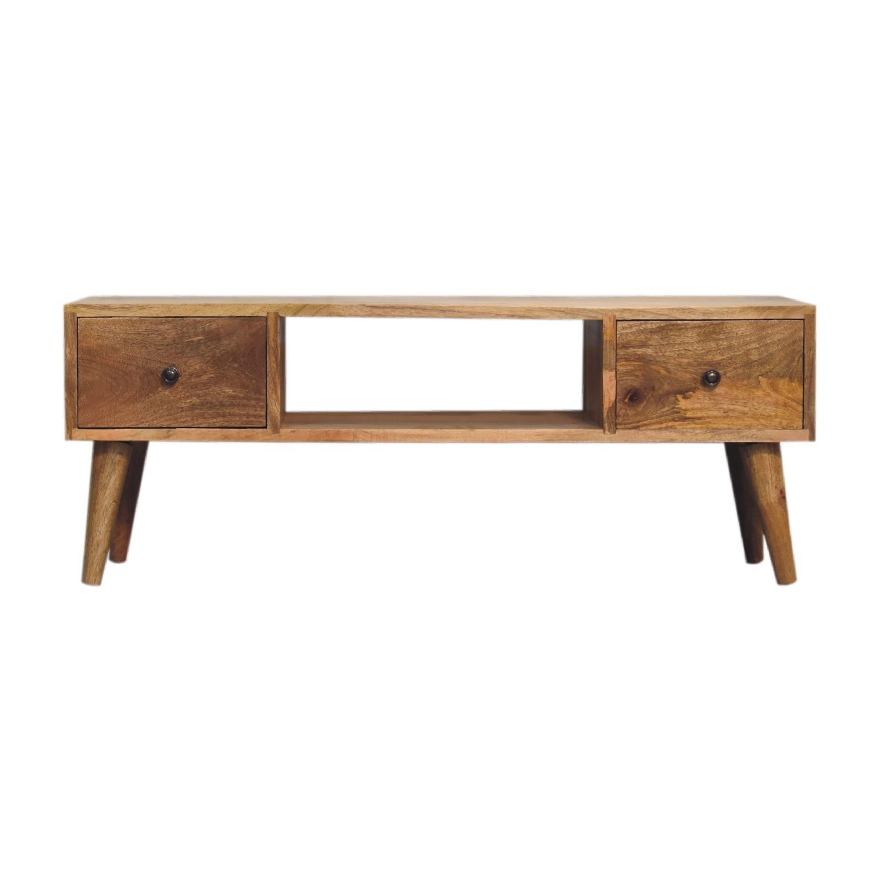 Solid Mango Wood Oak Finished Classic Coffee Table with 2 Drawers - Image 2