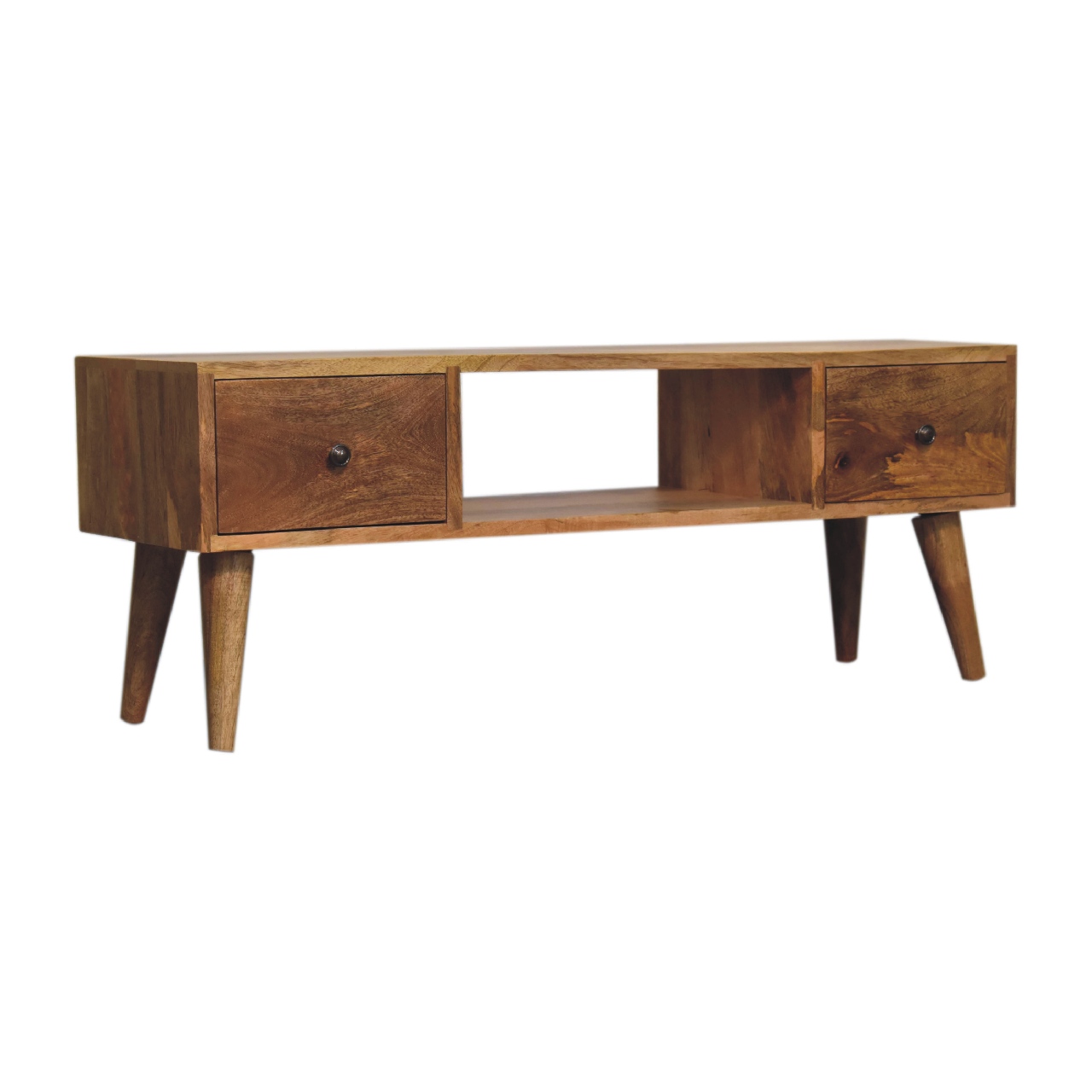 Solid Mango Wood Oak Finished Classic Coffee Table with 2 Drawers - Image 3