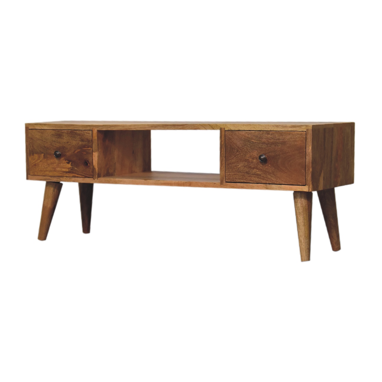 Solid Mango Wood Oak Finished Classic Coffee Table with 2 Drawers - Image 4