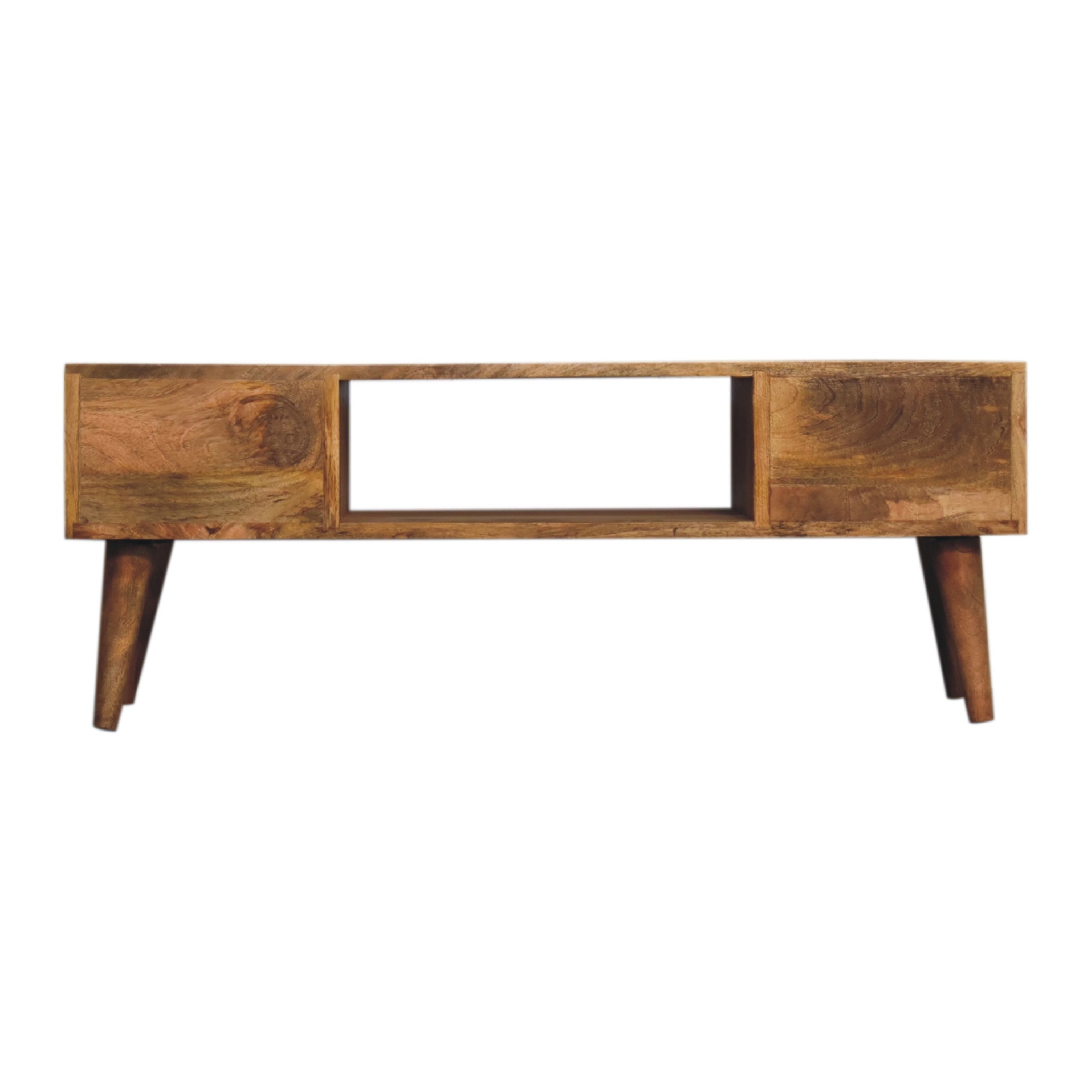 Solid Mango Wood Oak Finished Classic Coffee Table with 2 Drawers - Image 10