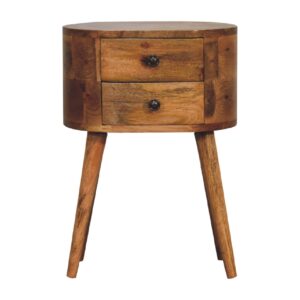 Solid Mango Wood Oak Finished Rounded 2 Drawer Bedside