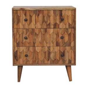 Solid Mango Wood Oak Finished Pineapple Patterned 3 Drawer Mini Chest