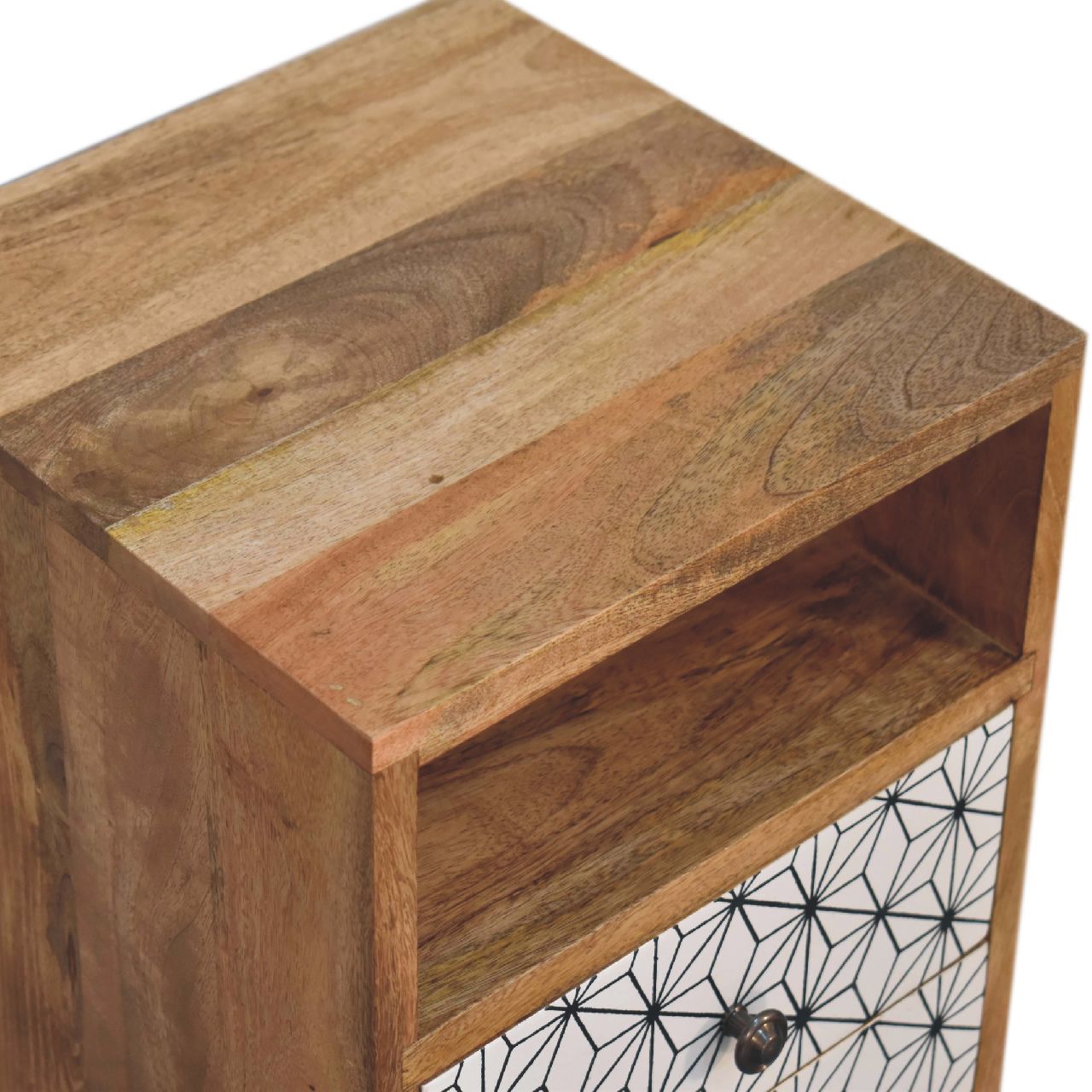 Solid Mango Oak Finished Prima Bedside with Screen Print - Image 5