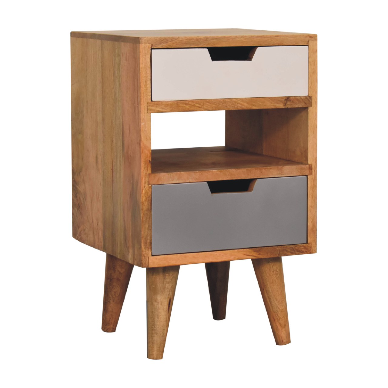 Solid Mango Oak Finished with Grey and White Bedside with Screen Print - Image 2