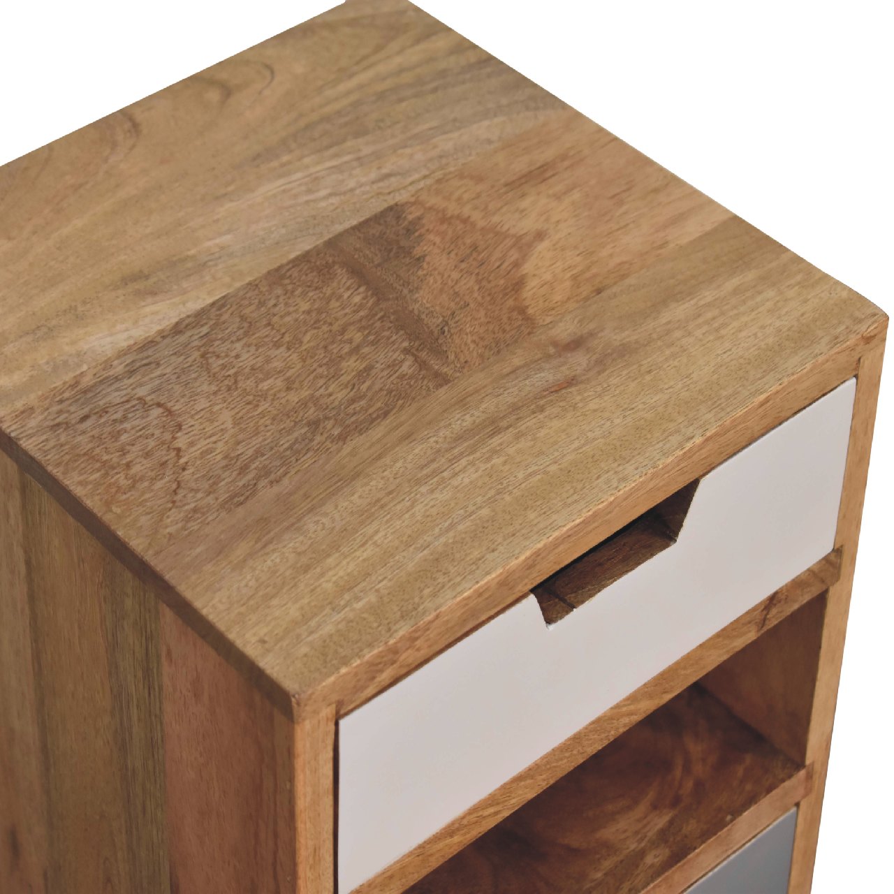 Solid Mango Oak Finished with Grey and White Bedside with Screen Print - Image 5