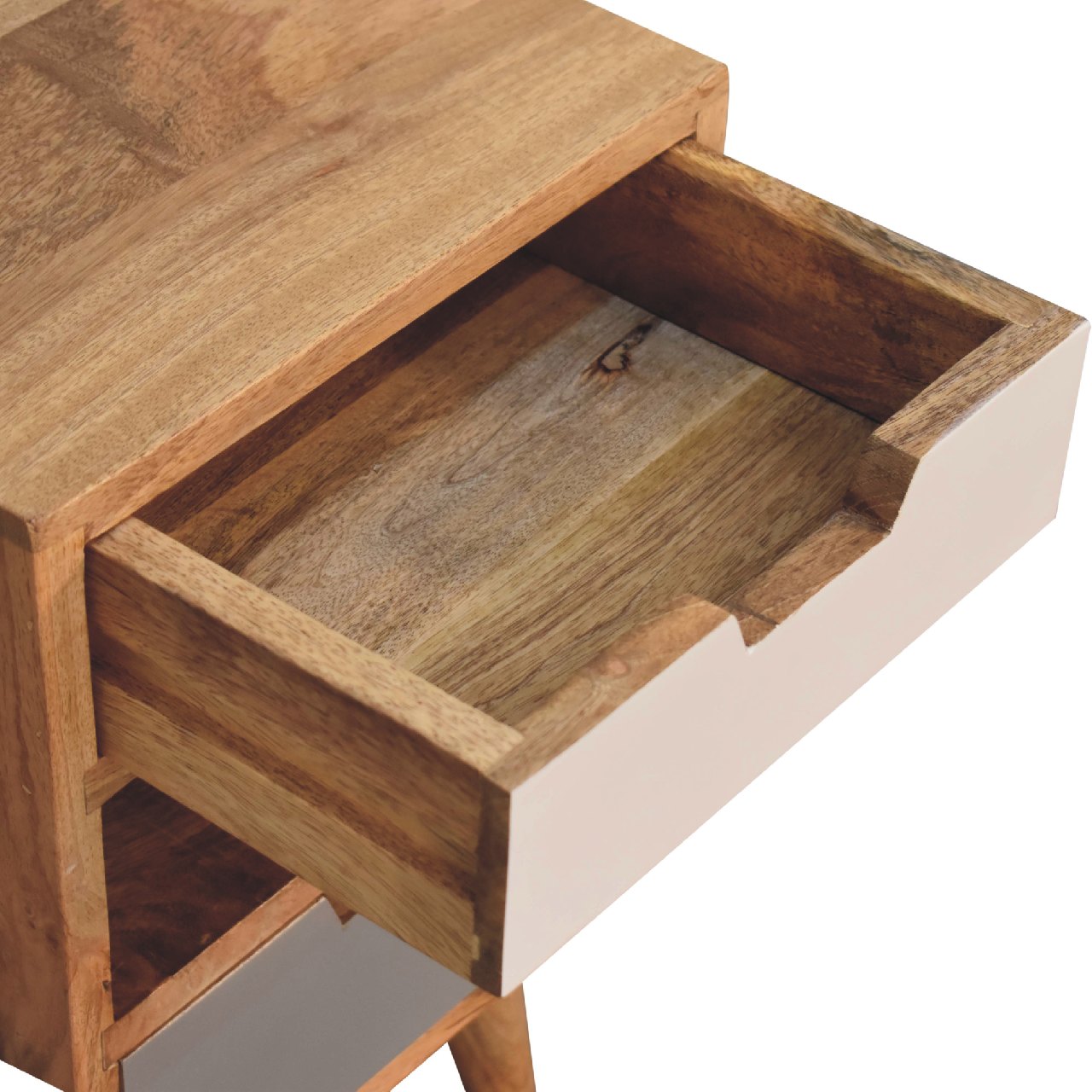 Solid Mango Oak Finished with Grey and White Bedside with Screen Print - Image 6