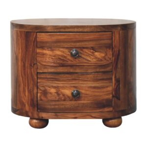 Solid Sheesham Honey Finished Wood 2 Drawer Bedside Table/Cabinet with Bun Feet