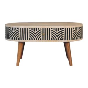 Solid Mango Wood Oak Finished with Bone Inlay Edessa Rounded Coffee Table