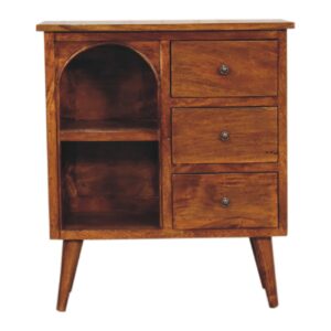 Solid Mango Wood Chestnut Finished Three Drawer Open Shelf Cabinet