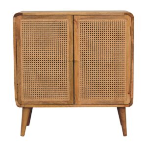 Solid Mango Wood Oak and Rattan Finished Two Door Cabinet