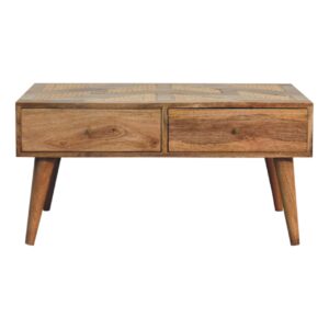 Solid Mango Wood Oak Finished Woven Top Four Drawer Coffee Table