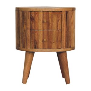 Solid Mango Wood Oak Finished Stripe Rounded Bedside