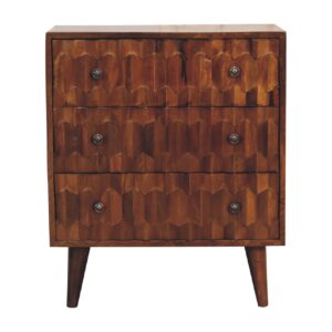 Solid Mango Wood Chesnut Finished Pineapple Patterned 3 Drawer Mini Chest