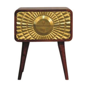 Solid Mango Wood Chestnut Finished with Gold Coloured Brass Inlay Eden Bedside