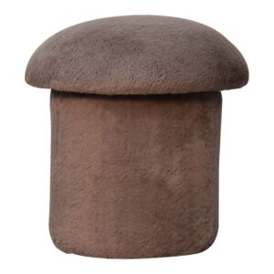 Solid  Mango Wood Mocha Faux Fur Mushroom Footstool