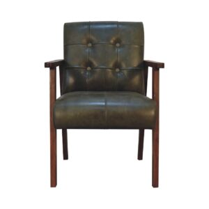 Solid Chestnut Finished Mango Wood Olive Coloured Buffalo Leather Arm Chair
