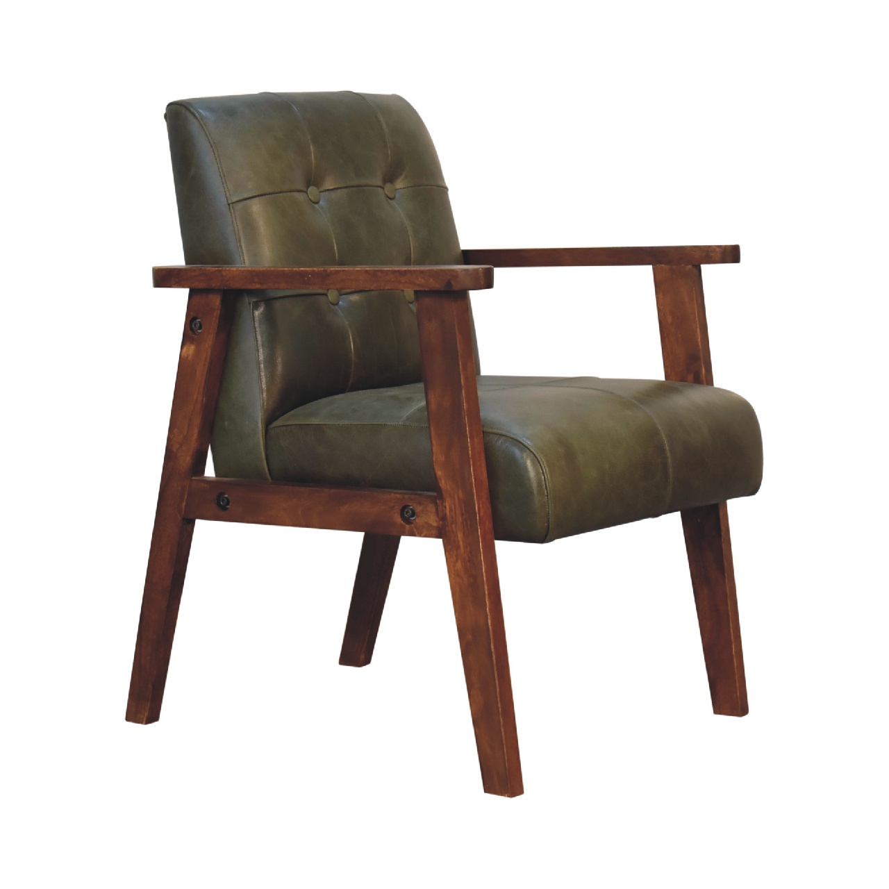 Solid Chestnut Finished Mango Wood Olive Coloured Buffalo Leather Arm Chair - Image 3