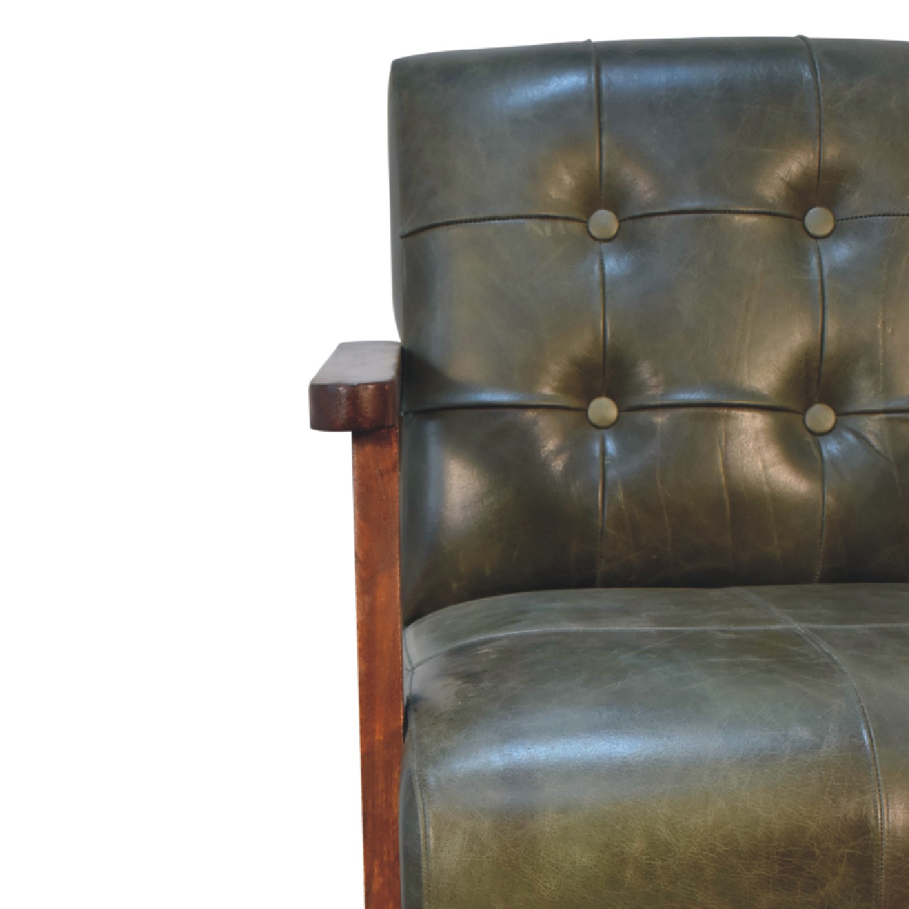 Solid Chestnut Finished Mango Wood Olive Coloured Buffalo Leather Arm Chair - Image 4