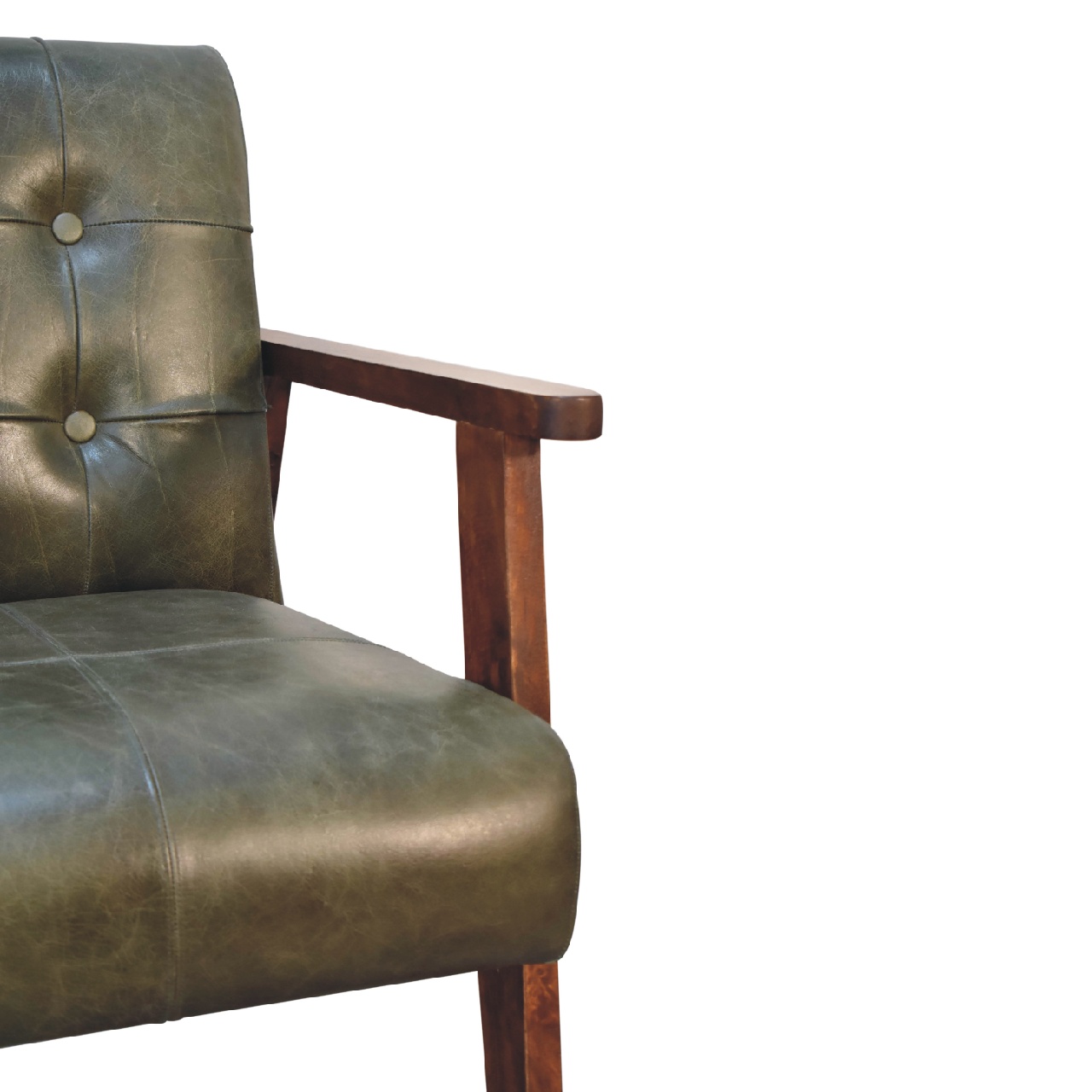 Solid Chestnut Finished Mango Wood Olive Coloured Buffalo Leather Arm Chair - Image 5