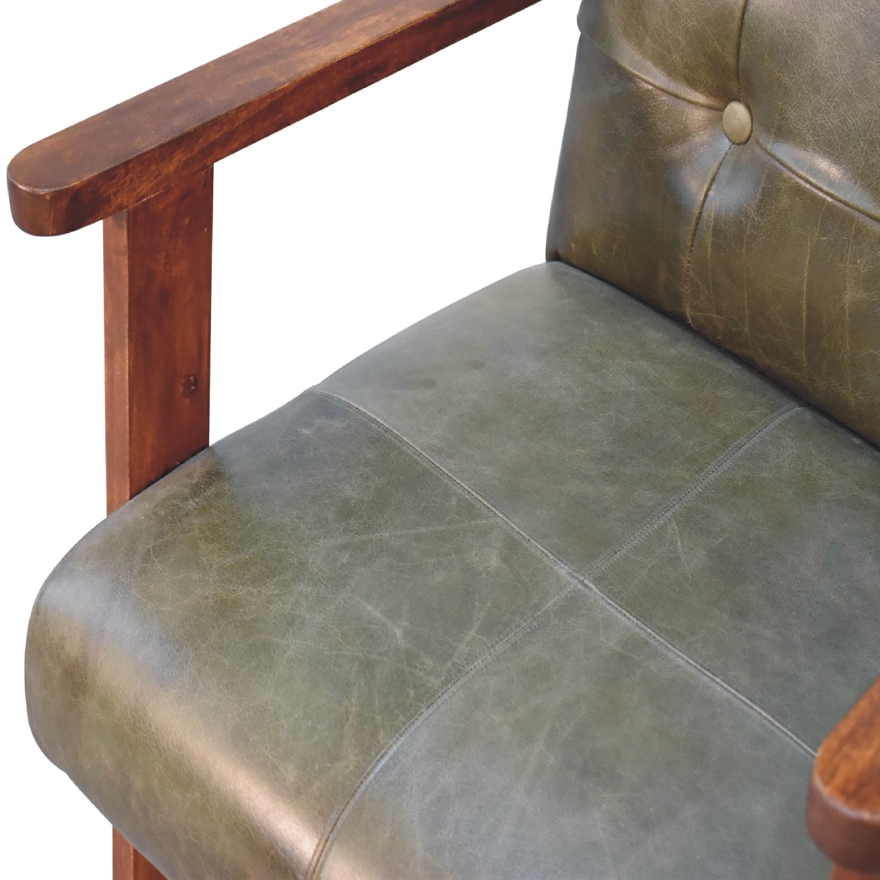 Solid Chestnut Finished Mango Wood Olive Coloured Buffalo Leather Arm Chair - Image 6