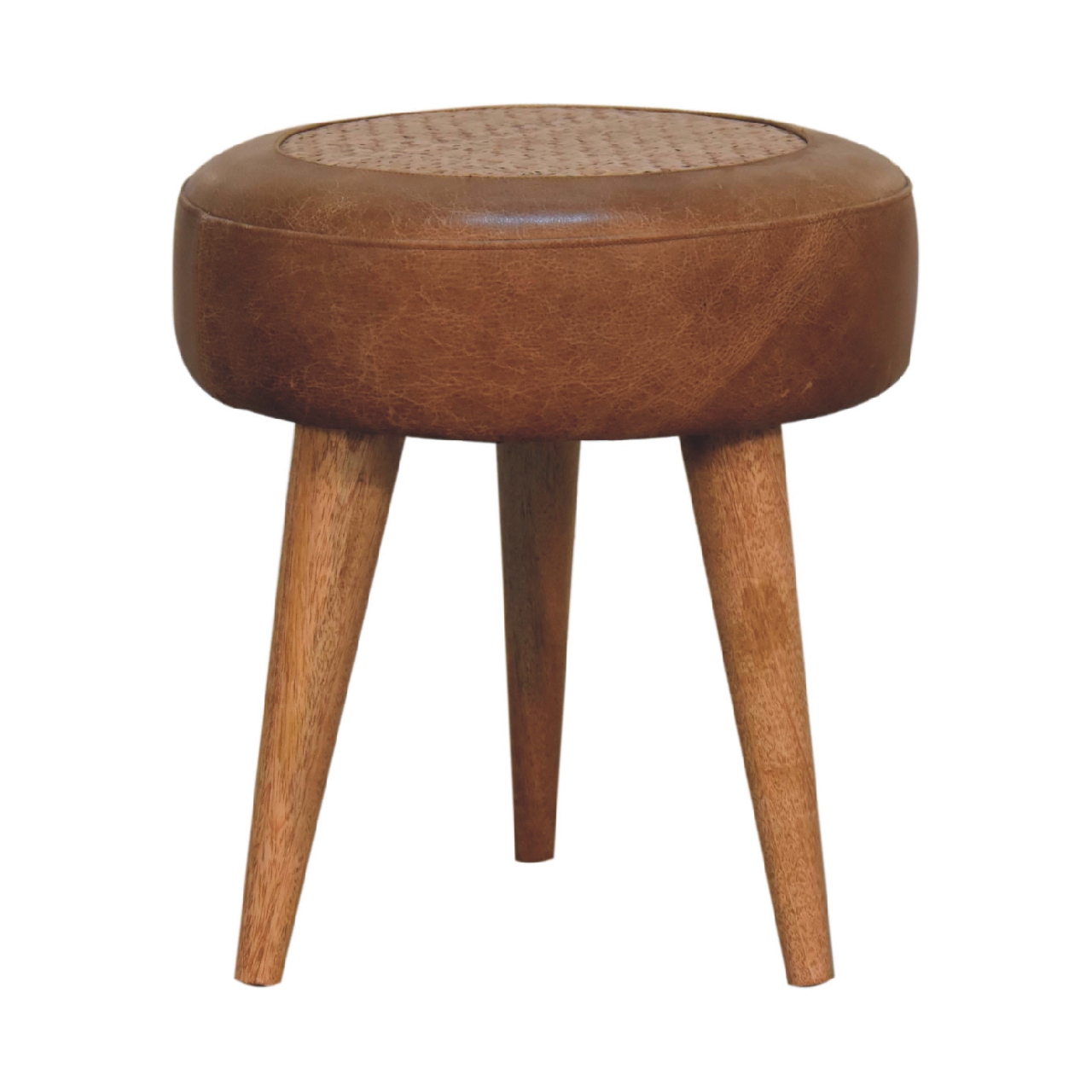 Solid Mango Wood Oak and Seagrass Finished with Leather Rim Stool