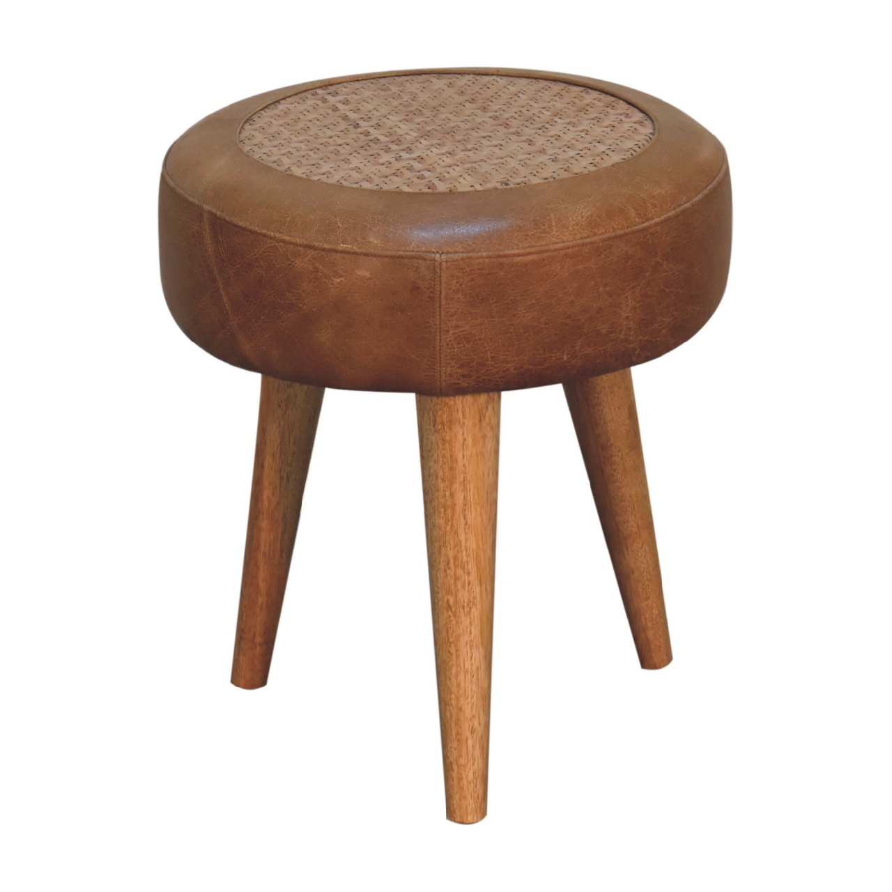 Solid Mango Wood Oak and Seagrass Finished with Leather Rim Stool - Image 2