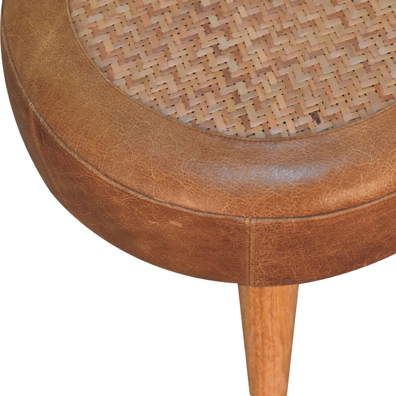 Solid Mango Wood Oak and Seagrass Finished with Leather Rim Stool - Image 3
