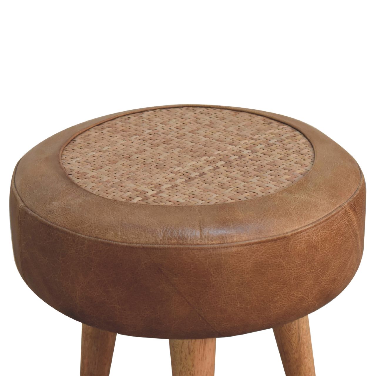 Solid Mango Wood Oak and Seagrass Finished with Leather Rim Stool - Image 5