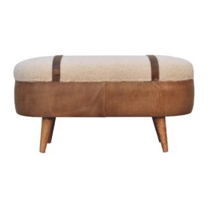 Solid Mango Wood Tan Buffalo Leather and Boucle Stool