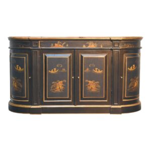 Solid Oak Finished Mango Wood Black and Gold Painted Oriental Style Sideboard