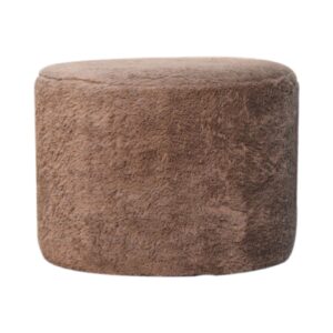 Solid  Mango Wood Mocha Faux Fur Round Footstool