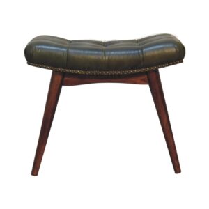 Solid Chestnut Finished Mango Wood Olive Green Leather Stool with Studs