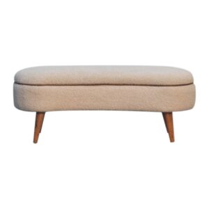 Solid Mango Wood Solid Oak Finished Mango Wood Cream Boucle Bench with Leather Piping