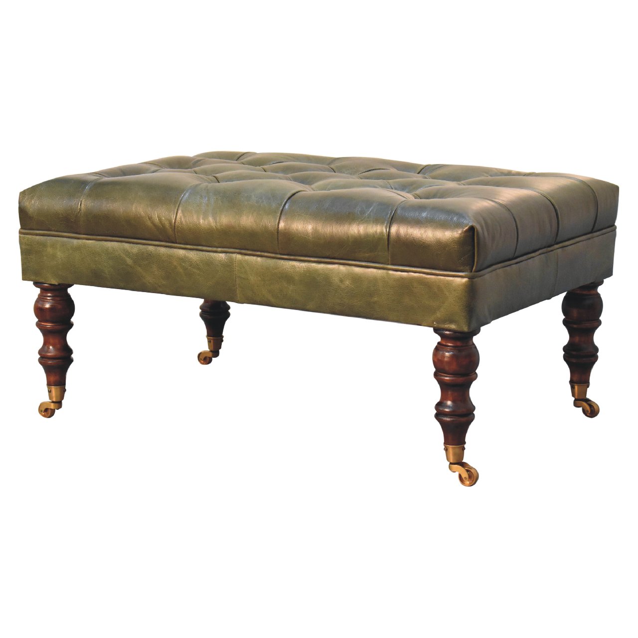 Solid Mango Wood Buffalo Green Leather Ottoman with Castor Legs - Image 2